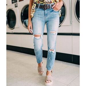 Willow & Root Buckle Distressed High Rise Ankle Straight Jean